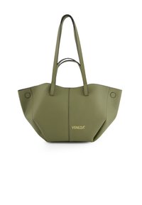 Tote bag synthétique verte, lisse, avec deux anses, arborant un logo doré et des bords arrondis ; couture détaillée remarquable le long des côtés.