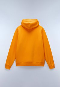 Heldere oranje hoodie met een zachte textuur, voorzien van een capuchon, lange mouwen en een tailleband met ribbelstructuur. Achteraanzicht weergegeven.