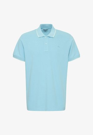 Fénykék pólóing, pamutból készült, ribbelt gallérral, fehér díszítéssel, rövid ujjal és elülső logó díszítéssel.