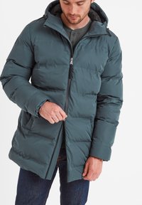 Teal puffer jacket with a zip front and adjustable hood, featuring a quilted design, elastic cuffs, and side pockets.