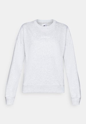 Sudadera gris claro hecha de tela texturizada. Presenta un cuello redondo, mangas largas y un pequeño logotipo blanco en el pecho.