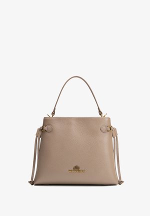 Taupefarbene Lederhandtasche mit einem oberen Griff, goldfarbenen Beschlägen, seitlichen Quasten und einem kleinen WITTCHEN-Logo in der Mitte vorne.