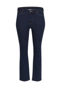 Blue denim jeans with a straight-leg cut, featuring five pockets, contrasting stitching, and a metal button closure at the waistband.