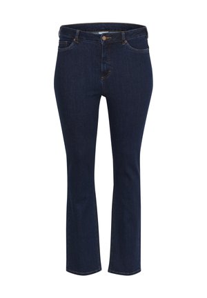 Modre denim hlače s ravnim krojem, ki imajo pet žepov, kontrastno šivanje in kovinsko zaponko na pasu.