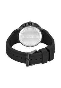 Melnā pulksteņu ar silikona siksnu un nerūsējošā tērauda aizmuguri. Apaļa forma, hronogrāfa funkcijas, marķēti dati un ūdensizturība norādīta.