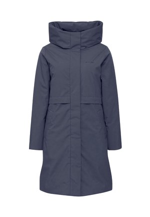 Navy blue waterproof coat with a high collar, long sleeves, front pockets, and a straight cut design. Features a subtle logo.