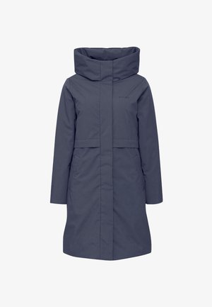 Navy blue waterproof coat with a high collar, long sleeves, front pockets, and a straight cut design. Features a subtle logo.