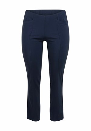 Navyblauwe broek met een gladde textuur, voorzien van twee voorkruiszakken, een aansluitende tailleband en een rechte pijp.