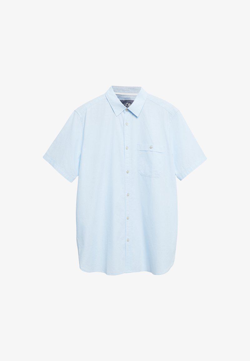 Chemise bleu clair à manches courtes, boutonnée, avec une poche poitrine unique et un col classique, présentée sur fond blanc.