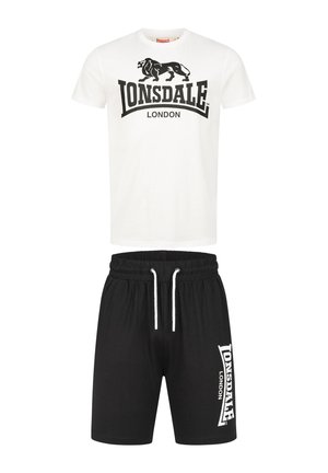 White cotton t-shirt with black logo print "Lonsdale London" above a pair of black cotton shorts featuring a white side print and adjustable drawstring.