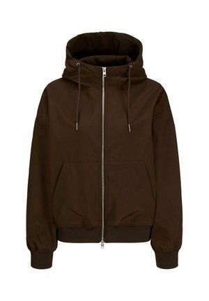 Braune Kapuzenjacke mit Reißverschluss, Kordeln, Vordertaschen, gerippten Bündchen und Bund, dargestellt vor weißem Hintergrund.