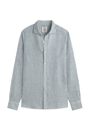 Overhemd met lange mouwen, blauw-witte verticale strepen en een klassieke kraag, plat gelegd tegen een witte achtergrond.