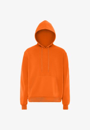 Orange hoodie med en frontlomme, snorehulstræk og ribbede manchetter og kant. Lavet af blødt, struktureret materiale.
