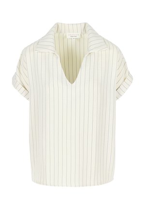Blusa crema a maniche corte con sottili strisce verticali nere, colletto aperto e polsini arrotolati.