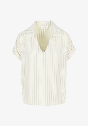 Romige blouse met korte mouwen, dunne verticale zwarte strepen, open kraag en opgerolde manchetten.