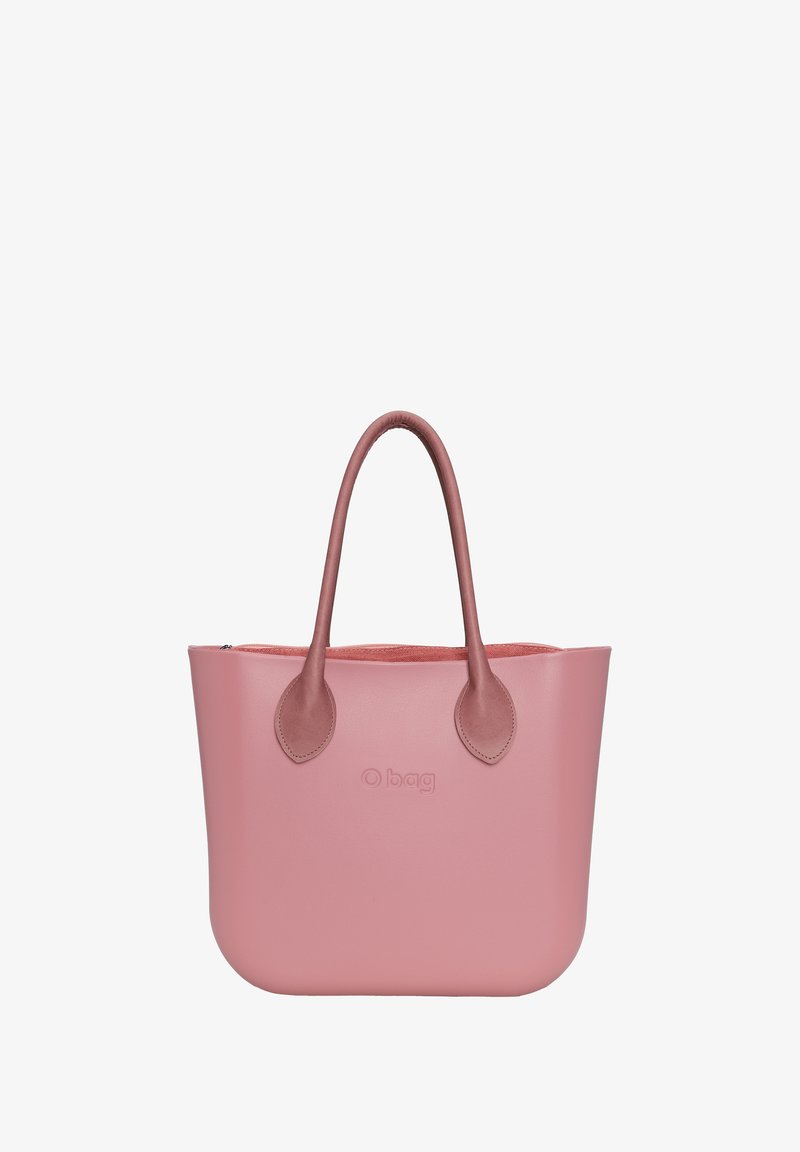 Pink tote bag made of soft material, featuring rounded sides, dual handles, and a logo embossed on the front. Interior is a lighter shade.