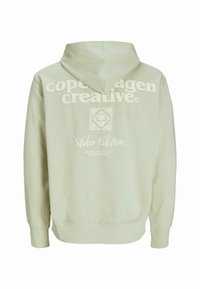 Felpa verde chiaro con tasca a marsupio, cappuccio e polsini a coste. Presenta un logo bianco sul retro con "Copenhagen Creative" e "Studio Edition."