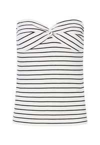 White strapless top with black horizontal stripes, featuring a twisted detail at the front. Made from a soft, ribbed fabric.