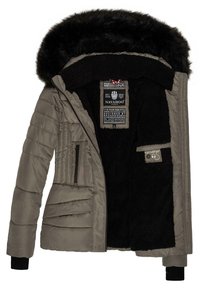 Padded coat in light gray with a faux fur hood, zip pockets, and a soft black fleece lining. Features quilted stitching and ribbed cuffs.