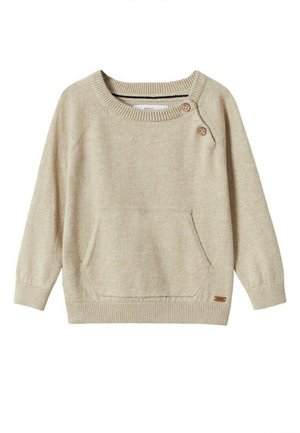 Beżowy sweter dla malucha z długim rękawem, przednią kieszenią, ściągaczami na mankietach i dole oraz dwoma guzikami po lewej stronie przy okrągłym dekolcie.