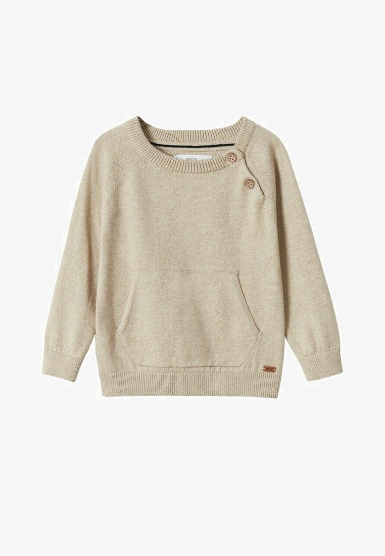 Pull beige à manches longues pour tout-petit avec poche avant, poignets et ourlet côtelés, et deux boutons près de l'encolure ronde sur le côté gauche.
