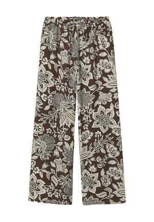 Pantalon large marron avec un imprimé floral complexe blanc et noir et une ceinture élastique avec cordon.