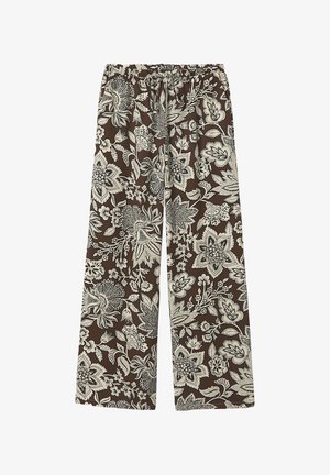 Pantalon large marron avec un imprimé floral complexe blanc et noir et une ceinture élastique avec cordon.