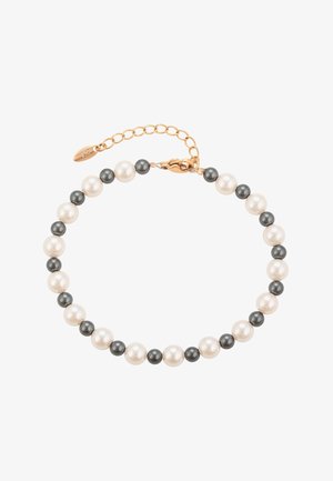 Vahelduvad valged ja tumedad hallid pärlid moodustavad käevõru, millel on kuldne ahela pikendus ja langetuskruvi sulgur.