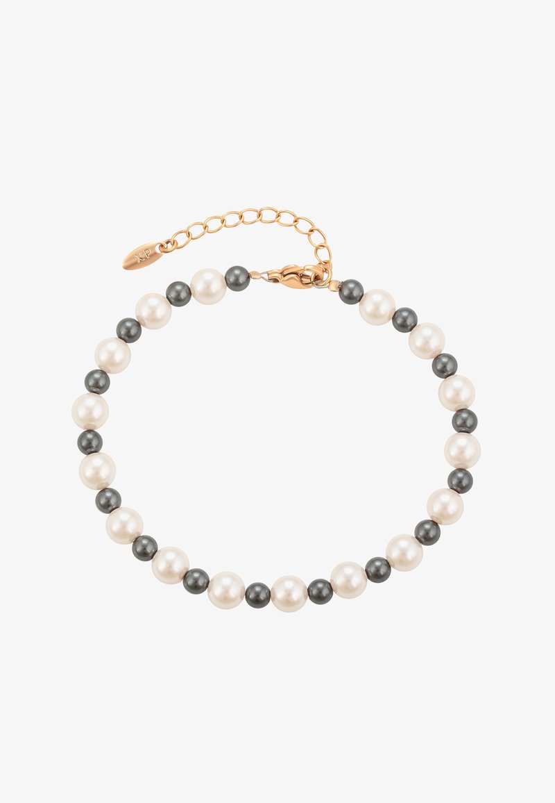 Una serie di perle alternate bianche e grigie scure forma un bracciale con estensione in catena dorata e chiusura a moschettone.