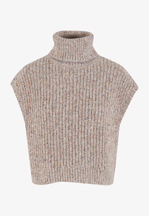 Hellgrauer, gestrickter Rollkragenpullover mit gerippter Textur, kurzen Ärmeln und subtilen Farbsprenkeln im gesamten Stoff.