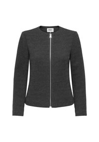 Blazer en chevrons gris avec un col rond, fermeture éclair à l'avant et manches longues. Présente une silhouette ajustée et deux poches latérales.
