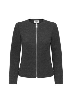 Blazer grigio a spina di pesce con scollatura rotonda, chiusura frontale con zip e maniche lunghe. Caratterizzato da una silhouette sartoriale e due tasche laterali.