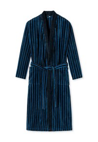 Accappatoio blu scuro con strisce verticali azzurre, realizzato in morbido velluto. Presenta una cintura, maniche lunghe e due tasche frontali.