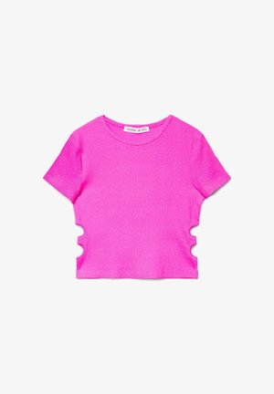 Top corto rosa con maniche corte realizzato in morbido tessuto a maglia. Presenta dettagli a taglio sui lati e una classica scollatura tonda.