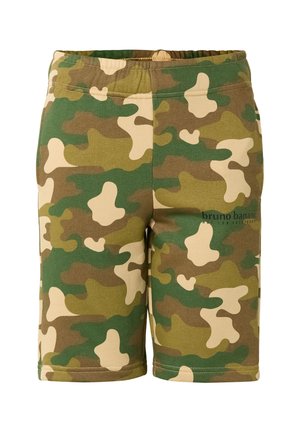 Grüne, braune und beige Shorts mit Camouflage-Muster, elastischem Bund und kleinem "bruno banani" Logo am rechten Oberschenkel.