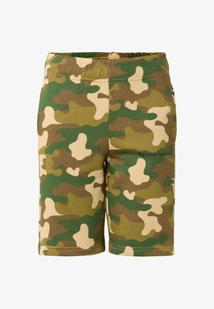 Szorty w zielono-brązowo-beżowym wzorze moro, z elastycznym pasem i małym logo „bruno banani” na prawej udzie.