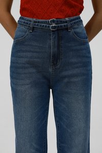 High-waisted blue denim jeans with a belted waist, featuring five pockets and a straight-leg cut. Slight fading on front panels.