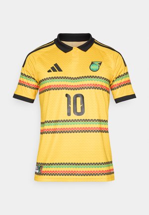 Keltainen jalkapallopaita mustilla yksityiskohdilla, kauluksellisella kauluksella, raidoitettu punaisen, vihreän ja mustan sävyissä, jonka etupuolella numero 10 ja joukkueen logo.