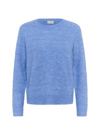 Light blue sweater made of soft, textured fabric. Features a round neck and long sleeves with a ribbed hem and cuffs.