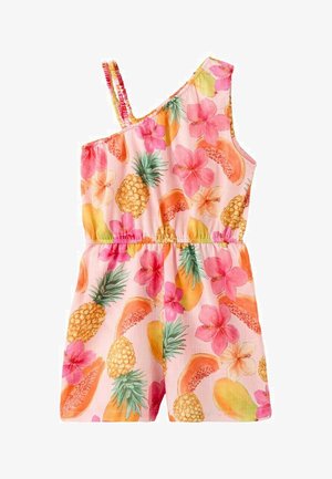 Tutina rosa monospalla con stampa tropicale con ananas, papaya e fiori di ibisco rosa. Vita elasticizzata e spallina arricciata.