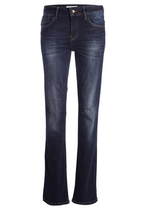 Dunkelblaue Jeans mit geradem Schnitt, ausgestattet mit fünf Taschen, einem Knopfverschluss und dezenten Waschungseffekten an der Vorderseite.