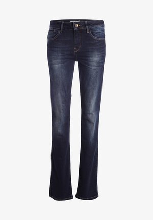 Jeans en denim bleu foncé avec une coupe droite, comportant cinq poches, une fermeture à bouton et un léger effet délavé sur le devant.