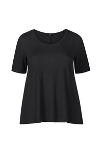Czarny t-shirt z krótkimi rękawami i dekoltem w kształcie V, wykonany z miękkiego materiału, charakteryzujący się luźnym krojem i zwiewnym dolnym wykończeniem. Bez wzorów ani akcentów.