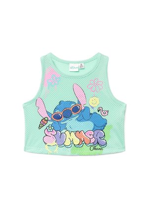 Top corto in rete verde menta con disegno di un alieno blu dei cartoni animati che indossa occhiali da sole arancioni, fiori, gelato e la scritta "SUMMER" in lettere colorate a bolle.