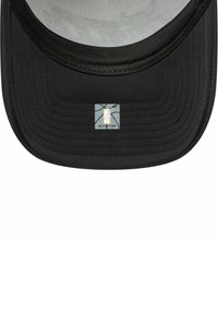 Black baseball cap with a structured design, featuring a flat brim and an interior mesh lining. Includes a label with a logo and text detail.