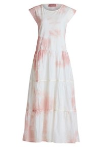 Bílo-růžové tie-dye maxi šaty s krátkými rukávy a vrstvenou sukní vyrobené z lehkého materiálu.