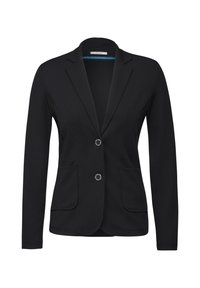 Blazer nero realizzato in morbido tessuto; presenta una chiusura con un singolo bottone, due tasche frontali e rever a punta. Design semplice e sartoriale.