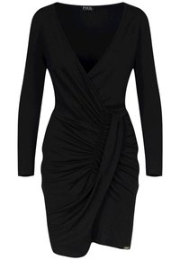 Robe longue à manches longues noire avec un décolleté profond en V, des détails froncés à l'avant et une silhouette ajustée. Fabriquée dans un tissu lisse et extensible.