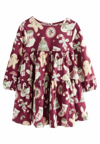 Burgunderfarbenes Langarmkleid mit einem gestuften Design, das verspielte, festliche Muster zeigt: Bäume, Lebkuchen, Schneemänner und Geschenke.