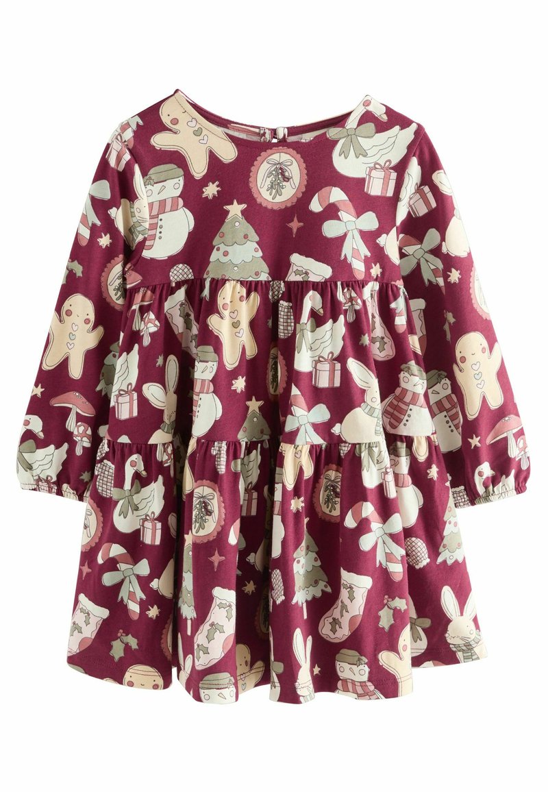 Burgunderfarbenes Langarmkleid mit einem gestuften Design, das verspielte, festliche Muster zeigt: Bäume, Lebkuchen, Schneemänner und Geschenke.